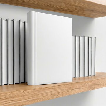 white book mockup, forward-facing on a natural wooden stylized bookshelf. 