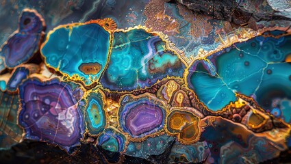 Geode Crystals: A close-up of a geode, featuring vibrant colors and intricate crystal formations. - obrazy, fototapety, plakaty