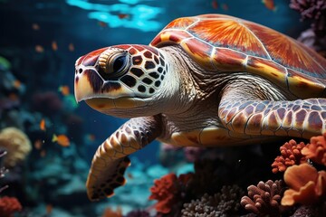 Fototapeta premium Marine reserve with turtles, sharks and colorful reefs., generative IA