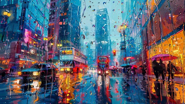 Neon Rainy Street: Raindrops reflect neon lights on a bustling city street, creating a stunning oil painting effect.