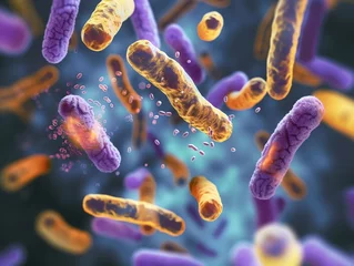 Fotobehang Probiotic microbiology science and medicine background. Flying bacteria microscopic view. Healthy microflora, healthy gut. © inspiretta