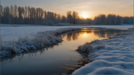 landscape winter forest and hills with reflection in the water, In sunset