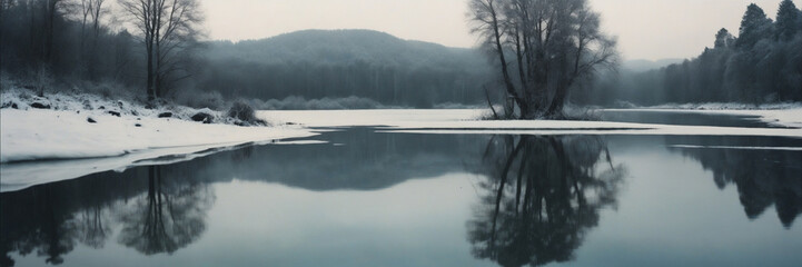 landscape winter forest and hills with reflection in the water. ai generative
