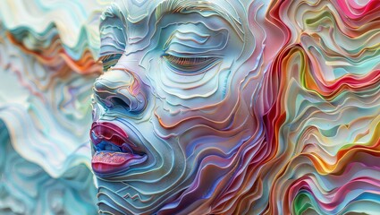 Melting Face Sculpture: A colorful and mind-bending digital sculpture of a melting human face. - obrazy, fototapety, plakaty