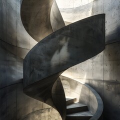 Spiral Concrete Staircase with Play of Light and Shadow - Generative AI