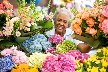 The owner of a flower shop smiles at us, welcoming us to shop in her store