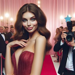 A popular star from the red carpet photographed while posing at a private gathering of wealthy people, isolated on a pastel evening background.