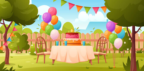 House backyard. Vector illustration of celebration children birthday with colorful balloons, party cake, candles, flags, garden table and chair. Spring or summer garden landscape. Birthday parties