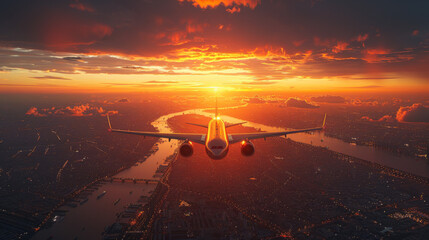 Beautiful scenic city view of sunset through the aircraft window. Image save-path for window of...