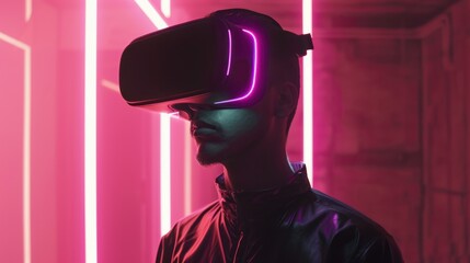 A male figure stands immersed in a virtual experience, wearing a VR headset, backlit by striking neon lights
