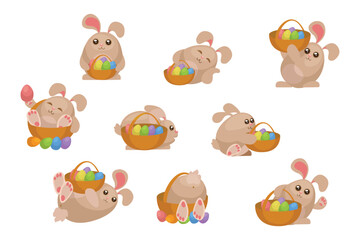 Set of Easter bunnies with basket .Vector illustration.