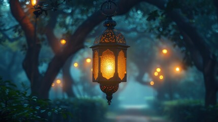 a lantern hanging from a tree in the middle of a park at night with lights on the trees and on the ground.
