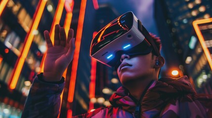 A man stands immersed in a digital world wearing a virtual reality headset amidst vibrant neon lights in a cityscape at night