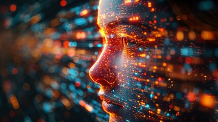 Artificial intelligence, a humanoid robot with a neural network, child cyborg with data connections, A digital brain processing big data, analysing digital information background with copy space