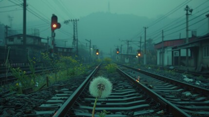 Naklejka premium a dandelion sitting on top of train tracks in the middle of a foggy day with a stop light in the background.