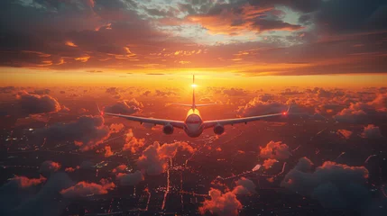 Foto op Canvas Beautiful scenic city view of sunset through the aircraft window. Image save-path for window of airplane. © Matthew