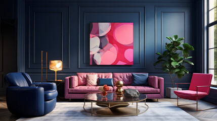 A modern living room showcasing a stylish color palette of navy blue and hot pink