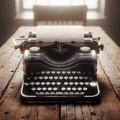 Vintage manual typewriter with blank sheet of paper on rustic wood desk
