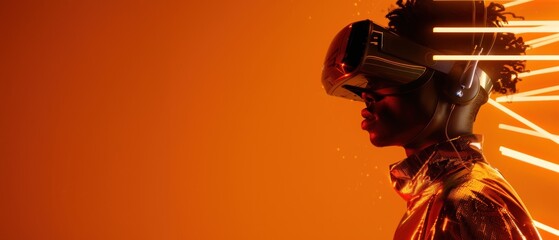 Image shows a side profile of a male adorned with a VR headset against an orange digital backdrop