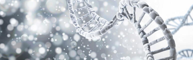 Digital composite of DNA structure against grey background with bokeh effect - obrazy, fototapety, plakaty