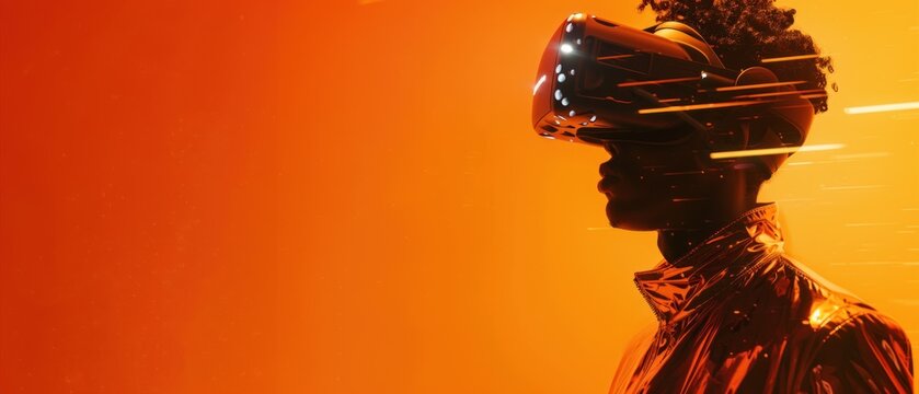 The silhouette of a person stands out against a monochromatic orange backdrop as they engage with a virtual reality headset, symbolizing the intersection of human and technology