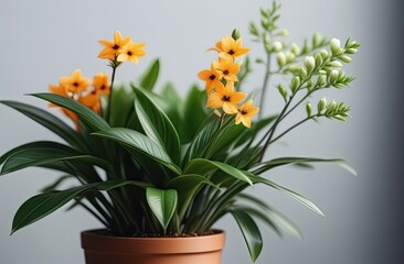 Naklejka na ściany i meble A little twig of houseplant with many beautiful flowers on the light background.