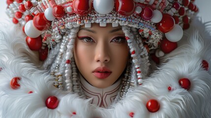 a close up of a woman's face wearing a headdress with beads and beads around her head.