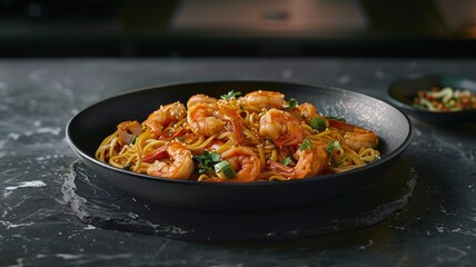 Savory stir-fried noodles with shrimp garnished with fresh herbs in a gourmet setting.