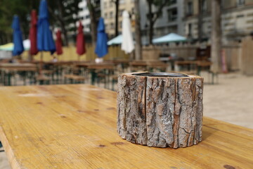 restaurant table and terrace on the Ourcq canal in Paris 19th arrondissement - obrazy, fototapety, plakaty