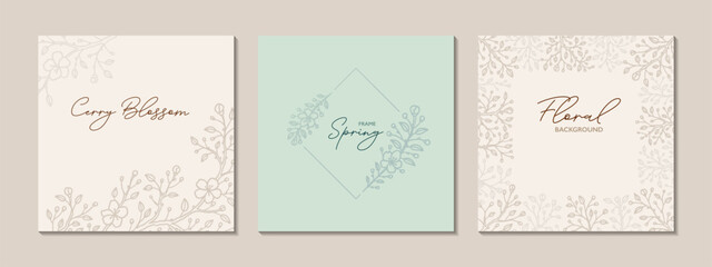 Floral social media post template set. Sakura blossom background in pastel colors. Flower elegant modern design. Greeting card, wedding invitation, corporate certificate, beauty spa salon design