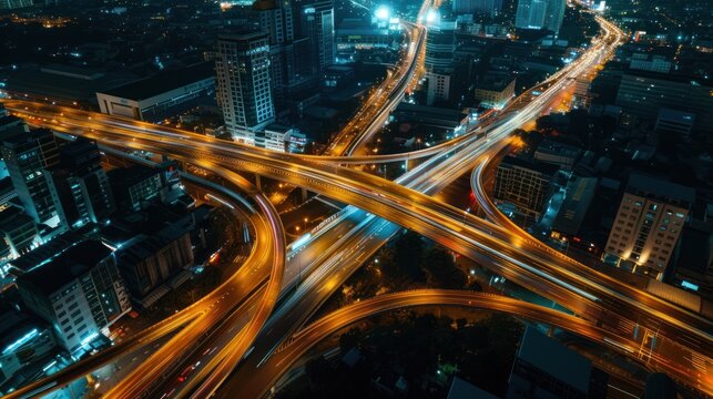 Arial top view of Modern transportation with Expressway, Road, and Roundabout, multilevel junction highway-top view. at night