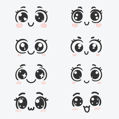 set of cute kawaii cartoon eyes, set of cute kawaii expressions, Cartoon faces set