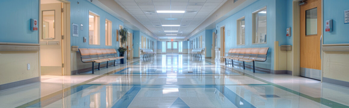Interior of hospital corridor with blue walls and white floor. Wide photo.
