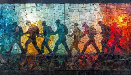 Mosaic Freedom Fighters: People standing before a mosaic mural, ideal for social justice concepts.