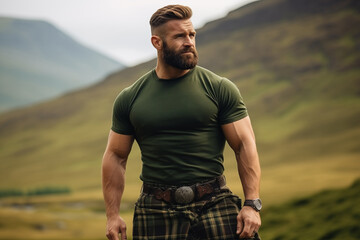 Scottish brutal man in a kilt and T-shirt stands against the background of a valley and mountains - obrazy, fototapety, plakaty