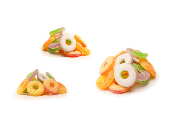 Assorted gummy candies isolated on a white background. Top view.