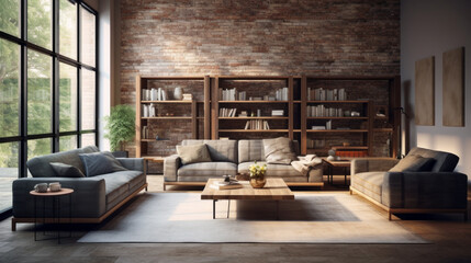 A modern living room with sustainable furniture and a hint of industrial chic - obrazy, fototapety, plakaty