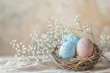Fototapeta na wymiar Happy Easter concept with easter eggs in nest and spring flowers. Easter background with copy space. Flat lay,easter banner,happy easter background.