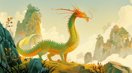 Fototapeta premium Colorful Chinese Dragon Illustration in a Forest