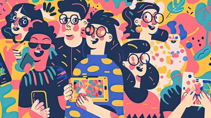 Colorful People Holding Smartphones in Stylish Abstract Illustration