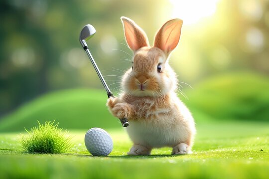 Cute Easter bunny playing golf