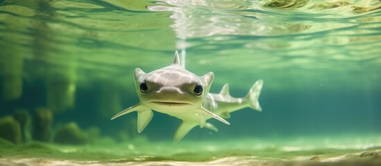 A baby lime shark swims gracefully underwater in shallow waters off Shark Bay, Sal Island, Cape...
