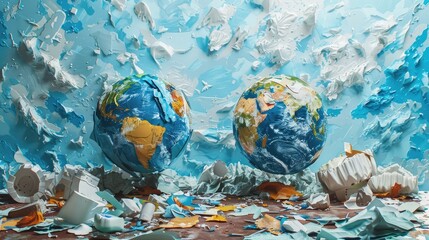 Impressionist-style Earth Globes Surrounded by Torn Paper - obrazy, fototapety, plakaty