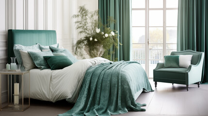 Jasna przytulna sypialnia w stylu glamour - mockup obrazu na ścianie. Zielone, szmaragdowe i...
