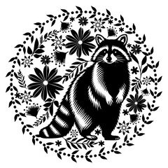black and white vector silhouette illustration, cute raccoon in round botanical frame	
