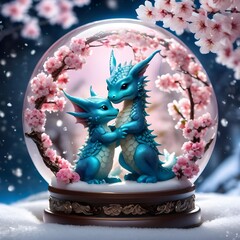 Deux dragons partagent un moment tendre dans une boule à neige entourée de fleurs de cerisier, symbolisant la chaleur de l'amour en plein cœur de l'hiver.