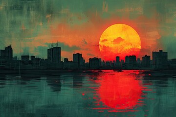 The minimalist illustration shows a sunset over a dark city
