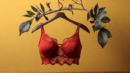 mockup design Women's Lace red Bra hanged on the hanger isolated on yellow background  created with generative ai	