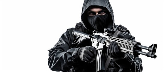 A man is holding a gun in his hand, appearing to be alert and vigilant. The gun is prominently displayed, emphasizing a potential threat in the scene.