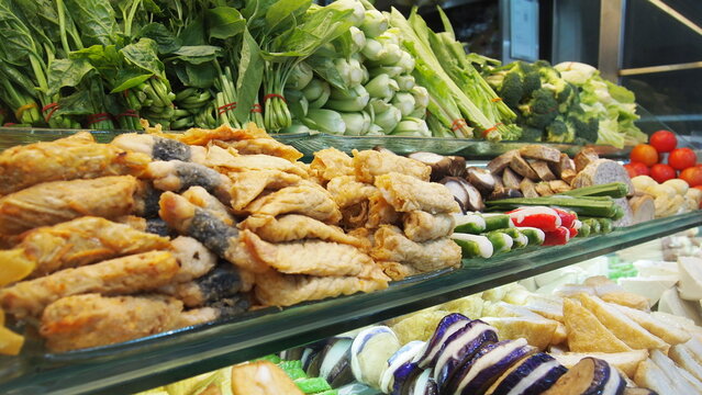 A beautiful display of food at a hawker center in Singapore
